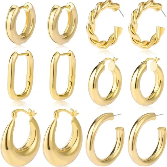 NWT set of SIX PAIRS of 14k gold plated chunky hoop huggie earrings ✨ - Picture 2 of 3